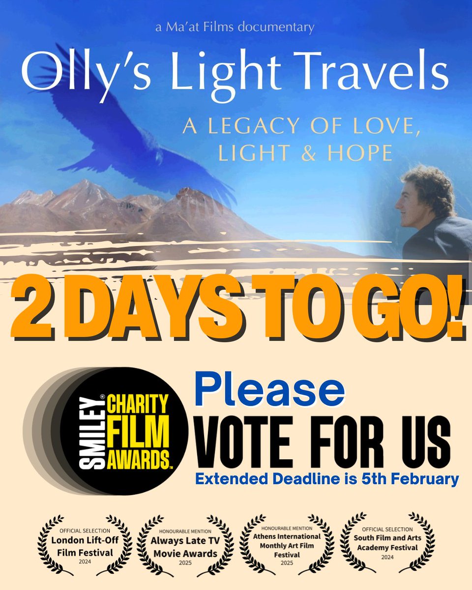 Olly's Future (@ollysfuture) on Twitter photo 2 days left to vote for our film 'Olly's Light Travels’ and potentially WIN a Smiley Charity Film Award. The deadline has been extended to 5th February. Please share far and wide! 🧡
Vote here: tinyurl.com/ycycesz5
<a href="/MaatFilmsUK/">Ma'at Films UK</a> <a href="/SmileyCFA/">Charity Film Awards</a> #filmfestival #smileycharityfilmawards 2 days left to vote for our film 'Olly's Light Travels’ and potentially WIN a Smiley Charity Film Award. The deadline has been extended to 5th February. Please share far and wide! 🧡
Vote here: tinyurl.com/ycycesz5
<a href="/MaatFilmsUK/">Ma'at Films UK</a> <a href="/SmileyCFA/">Charity Film Awards</a> #filmfestival #smileycharityfilmawards