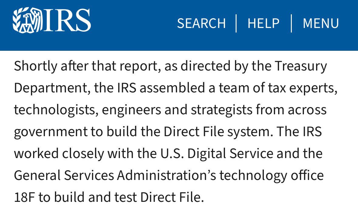 18F, the far left government wide computer office that was recently taken over by allies of <a href="/elonmusk/">Elon Musk</a>, is also the same agency that built Elizabeth Warren's "Direct File" tax program.

Direct File puts the government in charge of preparing peoples tax returns for them. 🤔🧐