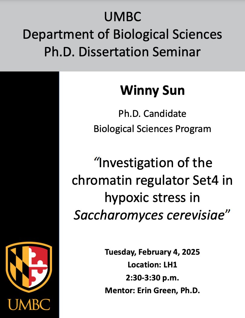 📷📷Join us tomorrow for two dissertation seminars📷📷
Shonda Campbell, PhD candidate from the Leips Lab, will be presenting first in BS 004 at 1pm.
Winny Sun, PhD candidate from the Green Lab, will be presenting second in LH 1 at 2:30pm.
.
#UMBC #UMBCbiology #biology #science