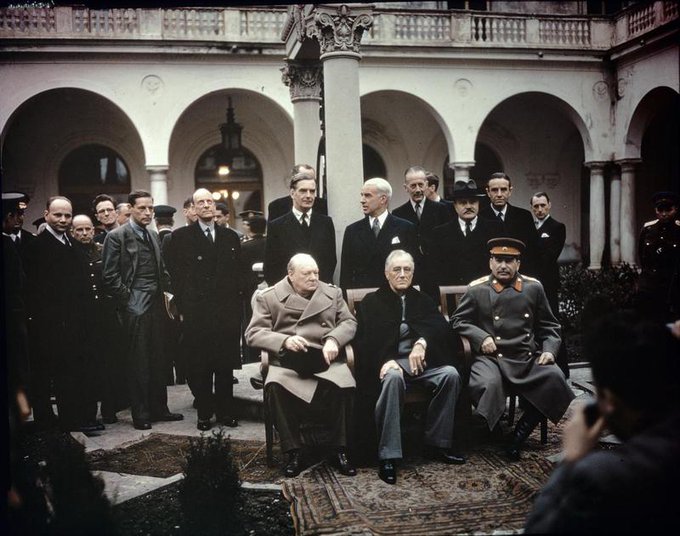 MilHistNow's tweet photo. Today in 1945, Churchill, Roosevelt and Stalin meet at Yalta in Crimea to plan for the end of the war in Europe. Talks focus on the partition of Germany and the future of Poland. Within weeks FDR will be dead and Moscow soon reneges on its pledge to allow free elections in Poland https://t.co/vr2g3UKRuj