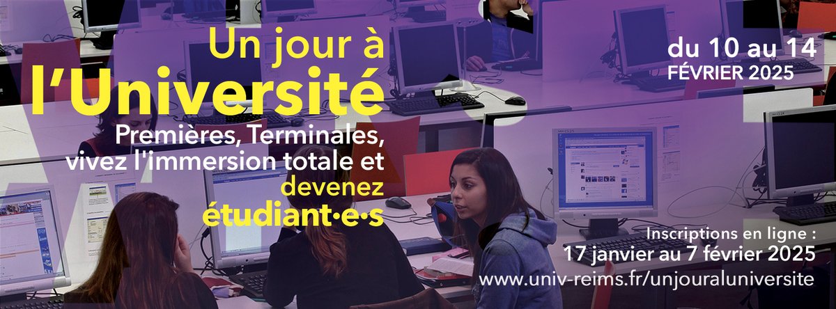 ✨Vous êtes lycéens, en première ou en terminale et vous souhaitez savoir si l'université est faite pour vous ?

🔴L'#URCA vous ouvre ses portes à l'occasion de l'évènement "Un jour à l'université"  

 Info et inscription 👉immersions.univ-reims.fr
