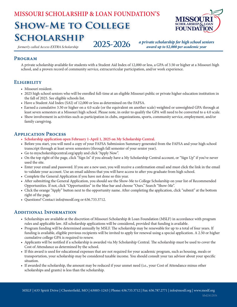 🔥 Another scholarship for the Class of 2025! 🔥 The Show-Me to College Scholarship application just opened, so make sure you get started if you meet these eligibility requirements!