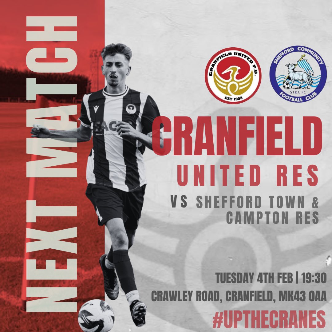 🏗️ | Next Match

🔜 Reserves under the lights at Crawley Road!

🆚 Shefford Town &amp; Campton Res
📅 Tuesday 4th Feb
⏰ 19:30 KO
📍 Crawley Road, Cranfield, MK43 OAA

Back at home and ready to go! Come down and support the lads!

#UpTheCranes
