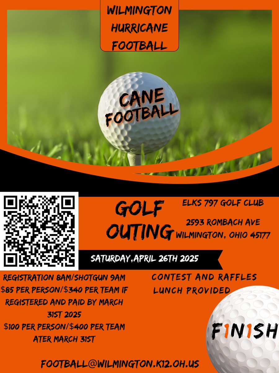 WHSCaneFB's tweet image. We are thrilled to share that the Wilmington High School football program is gearing up for our highly anticipated annual golf outing! Mark your calendars for Saturday, April 26, 2025, as we tee off at 9 AM at the beautiful Elks Golf Course in Wilmington, Ohio.