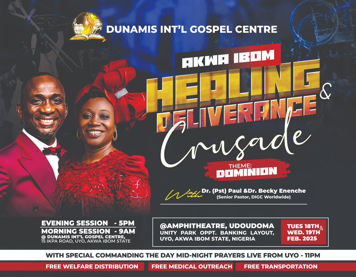 DunamisUyo's tweet photo. AKWA IBOM STATE shall be filled with the knowledge of the glory of the Lord, as the waters cover the sea
18TH &amp; 19TH FEBRUARY 2025 IS THE DATE,
DON'T MISS IT FOR ANYTHING!
#AkwaIbomHealingAndDeliveranceCrusade
#AHDC2025
#DIGCUyoCentral
#Dominion2025
#TakingChargeEverywhere https://t.co/Jd1ogdLWNo