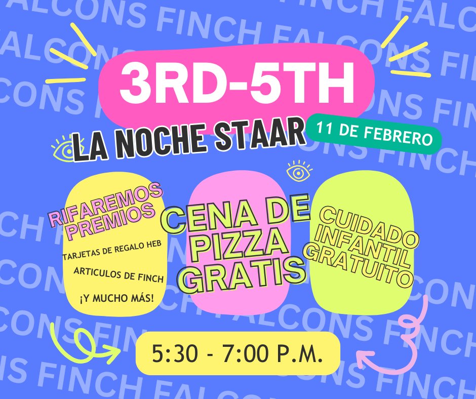 Parents of 3rd-5th graders: Join us for our STAAR Night on February 11 from 5:30-7:00pm.
We will have a FREE pizza dinner and childcare. Click the link to RSVP!

docs.google.com/forms/d/e/1FAI…