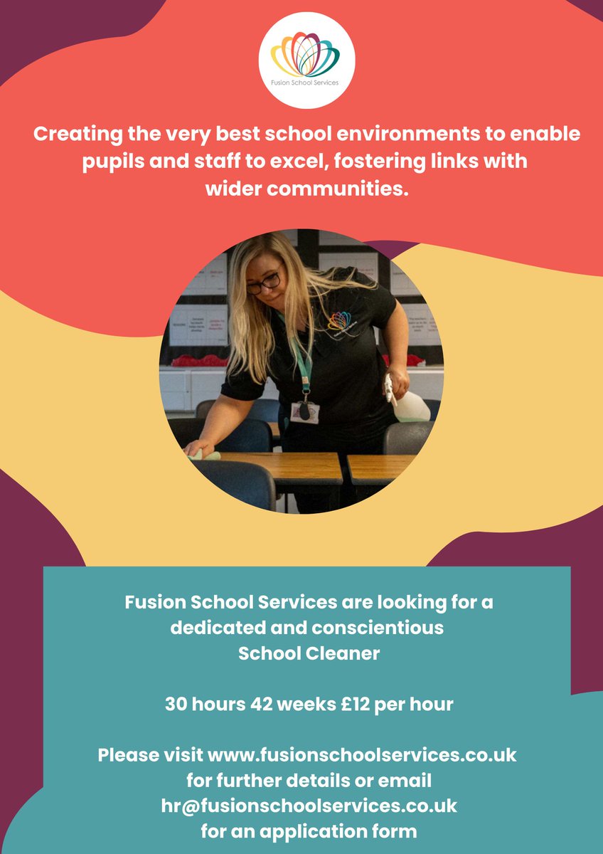 Fusion School Services are looking for a dedicated and conscientious School Cleaner, for more details please visit their website fusionschoolservices.co.uk/page/...