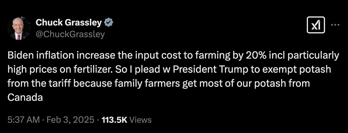 acnewsitics's tweet photo. Grassley: Nooooo! Mr. Trump, the tarrifs will hurt my poor red state. Please exclude us from it!

MAGAs are already backtracking. It begins. https://t.co/TnfqY062q6