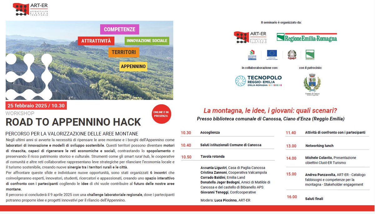 Primo incontro (di 6) con focus su - LA MONTAGNA, LE IDEE, I GIOVANI: QUALI SCENARI? - organizzato da <a href="/Arter_ER/">ART-ER</a> , in collaborazione con il Tecnopolo di Reggio Emilia e con il contributo di interessanti realtà del territorio.
Info e registrazione👉 bit.ly/4aHkpCO