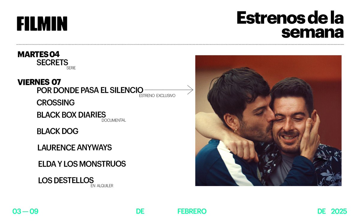 Filmin (@filmin) on Twitter photo Otra semana más, hablemos de estrenos.
🟢 “Secrets” la serie danesa de la semana.
🟢 La nominada al Goya “Por donde pasa el silencio” y los cortos de su directora, <a href="/SandraRomac/">Sandra Romero</a>.
🟢 “Black Box Diaries”, el documental nominado a los #Oscars sobre la periodista que inició el #MeToo Otra semana más, hablemos de estrenos.
🟢 “Secrets” la serie danesa de la semana.
🟢 La nominada al Goya “Por donde pasa el silencio” y los cortos de su directora, <a href="/SandraRomac/">Sandra Romero</a>.
🟢 “Black Box Diaries”, el documental nominado a los #Oscars sobre la periodista que inició el #MeToo