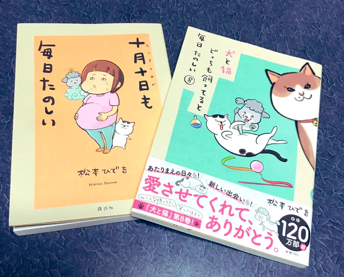 松本ひで吉さん@hidekiccan の「犬と猫どっちも飼ってると毎日たのしい」8巻、「十月十日も毎日たのしい」読了。ずっと見てきた犬くんとねこ様、新しいご家族の、にぎやかでおかしくてちょっとしんみりするエッセイ漫画。松本さんにしか描けない、武術の達人のような完璧なエッセイ。拳が速い。見事。 