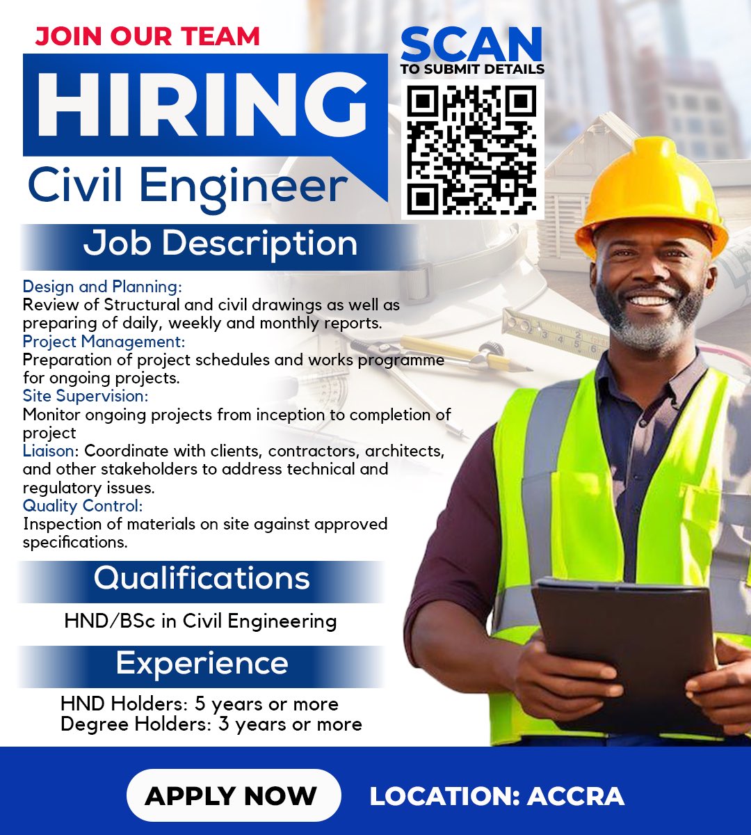 asem_bobby's tweet photo. Are you a civil engineer?
We’re recruiting civil engineers kindly scan the QR code to submit your details and resume.
Thank you https://t.co/PeF77fYLwO