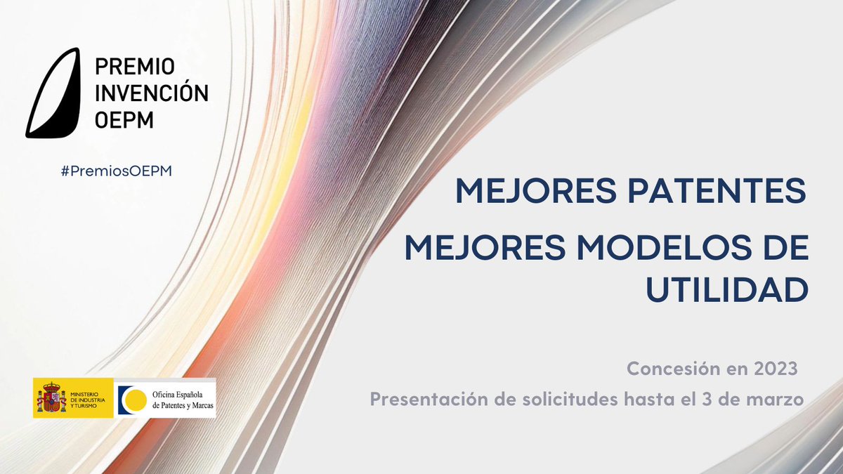 📢¡Publicada la convocatoria de los #PremiosOEPM! 
🏆 A las mejores patentes: 4.000€
🏆 A los mejores modelos de utilidad: 2.500€
🏆 Categorías específicas para jóvenes inventores/as y mujeres inventoras.
🗓️Solicitudes: hasta el 3 de marzo.
ℹ️oepm.es/es/detalle-not…
