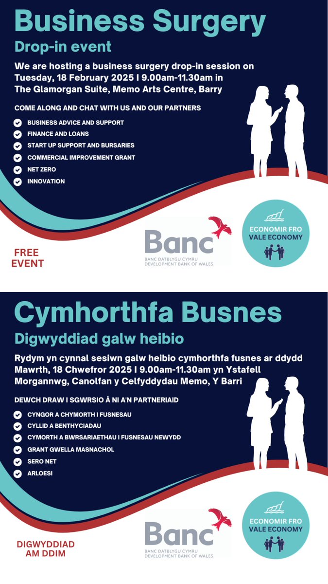 Vale Economy (@valeeconomy) on Twitter photo We are hosting a business surgery drop-in session on Tuesday, 18 February 2025 I Rydym yn cynnal sesiwn galw heibio cymhorthfa fusnes ar ddydd Mawrth, 18 Chwefror 2025 <a href="/VOGCouncil/">Vale Council 🏴🇺🇦</a> <a href="/_businesswales/">Business Wales</a> <a href="/CeicWales/">CEIC Wales</a> <a href="/devbankwales/">Development Bank of Wales</a> <a href="/CEMET_Wales/">CEMET</a> <a href="/Cwmpas_Coop/">Cwmpas</a> <a href="/BarryMemo/">Memo Arts Centre</a> We are hosting a business surgery drop-in session on Tuesday, 18 February 2025 I Rydym yn cynnal sesiwn galw heibio cymhorthfa fusnes ar ddydd Mawrth, 18 Chwefror 2025 <a href="/VOGCouncil/">Vale Council 🏴🇺🇦</a> <a href="/_businesswales/">Business Wales</a> <a href="/CeicWales/">CEIC Wales</a> <a href="/devbankwales/">Development Bank of Wales</a> <a href="/CEMET_Wales/">CEMET</a> <a href="/Cwmpas_Coop/">Cwmpas</a> <a href="/BarryMemo/">Memo Arts Centre</a>