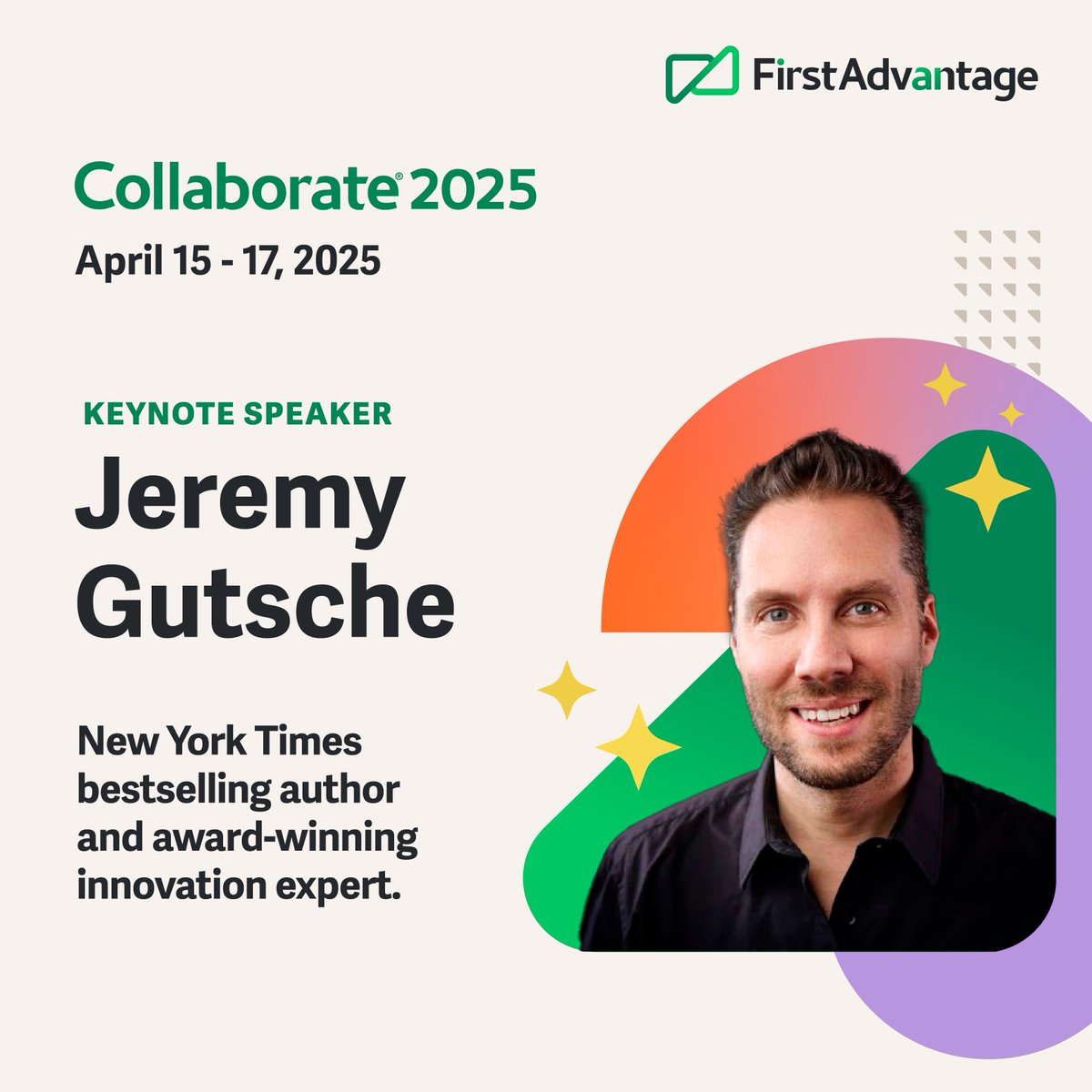 First Advantage (@firstadvantage) on Twitter photo Announcing our keynote speaker for Collaborate 2025! 📣🎊
<a href="/jeremygutsche/">Jeremy Gutsche</a> is a NYT bestselling author, an award-winning innovation expert, "one of the most sought-after keynote speakers on the planet" and the CEO of <a href="/trendhunter/">Trend Hunter</a> —the world's number one innovation website. ⬇️ Announcing our keynote speaker for Collaborate 2025! 📣🎊
<a href="/jeremygutsche/">Jeremy Gutsche</a> is a NYT bestselling author, an award-winning innovation expert, "one of the most sought-after keynote speakers on the planet" and the CEO of <a href="/trendhunter/">Trend Hunter</a> —the world's number one innovation website. ⬇️