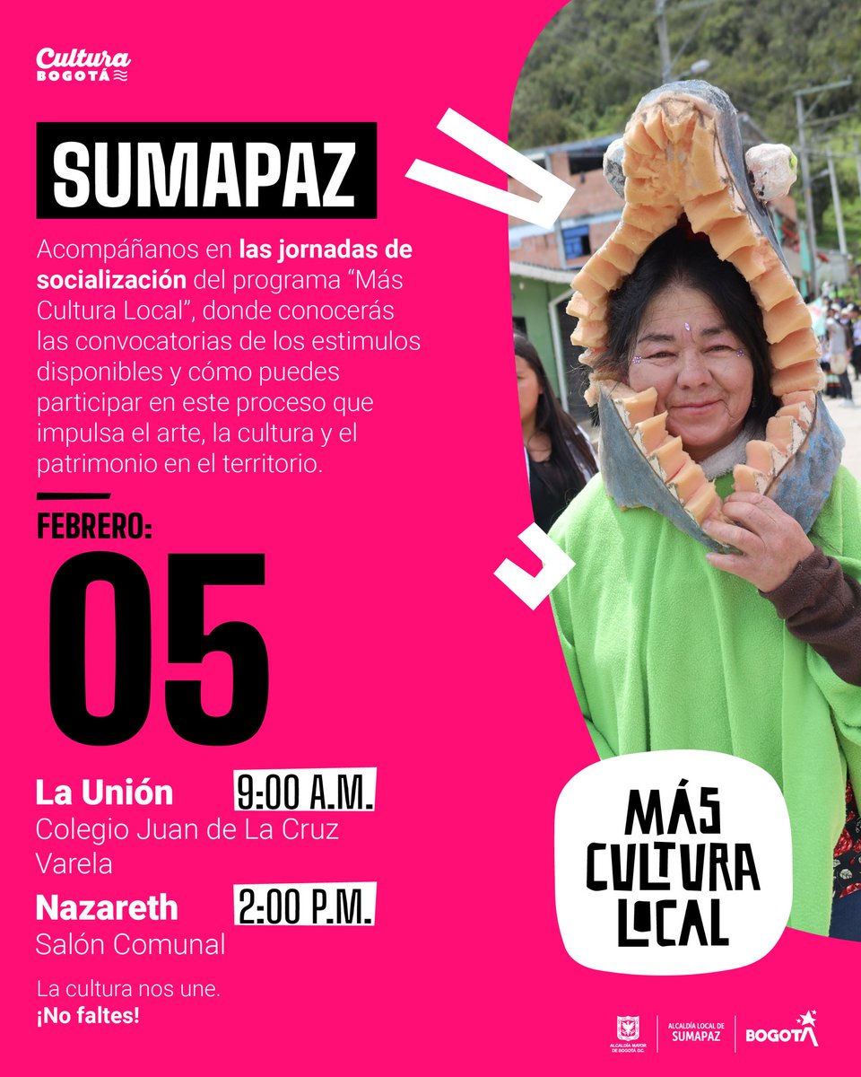 🖼️🎭El 5 de febrero, te esperamos en las veredas La Unión y Nazareth. Donde descubrirás  todas las convocatorias y estímulos que el Distrito tiene para las y los talentosos campesinos. 👩‍🌾🧑‍🌾

En #MásCulturaLocal, valoramos y premiamos tu pasión y dedicación. 
#BogotáMiCiudadMiCasa