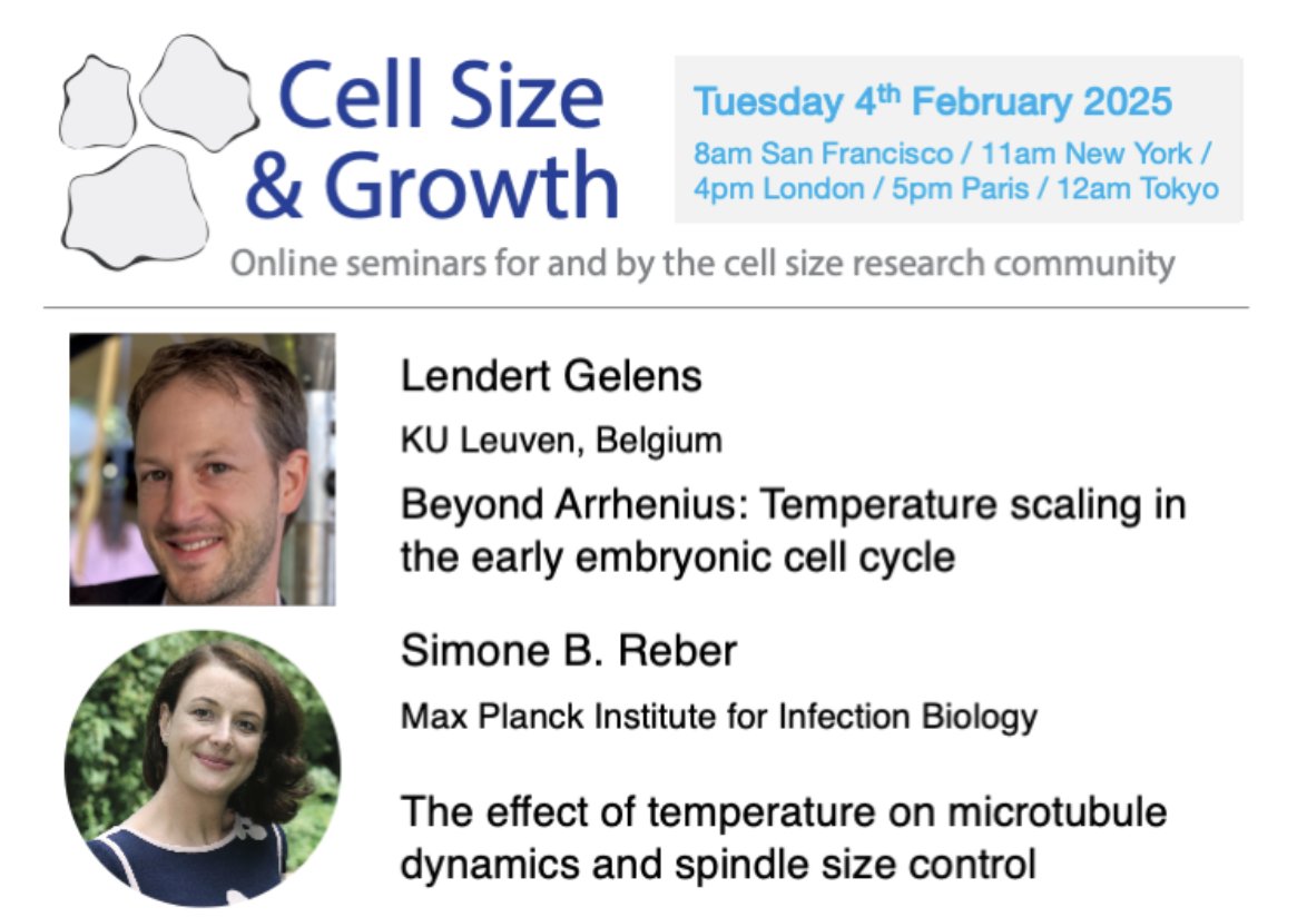 Simone Reber (@simonereber) on Twitter photo Double feature on 🐸 #Xenopus & ☀️ temperature ❄️
Tomorrow, Feb 4th @ 8:00 PT, 11:00 ET, 16:00 GMT, 17:00 CET
@LendertGelens <a href="/KULeuven/">Sam Van Campenhout</a> & our lab <a href="/mpiib_berlin/">Max Planck Institute for Infection Biology</a>
Cell Size and Growth Seminars
swafferlab.co.uk/size-and-growt… Double feature on 🐸 #Xenopus & ☀️ temperature ❄️
Tomorrow, Feb 4th @ 8:00 PT, 11:00 ET, 16:00 GMT, 17:00 CET
@LendertGelens <a href="/KULeuven/">Sam Van Campenhout</a> & our lab <a href="/mpiib_berlin/">Max Planck Institute for Infection Biology</a>
Cell Size and Growth Seminars
swafferlab.co.uk/size-and-growt…