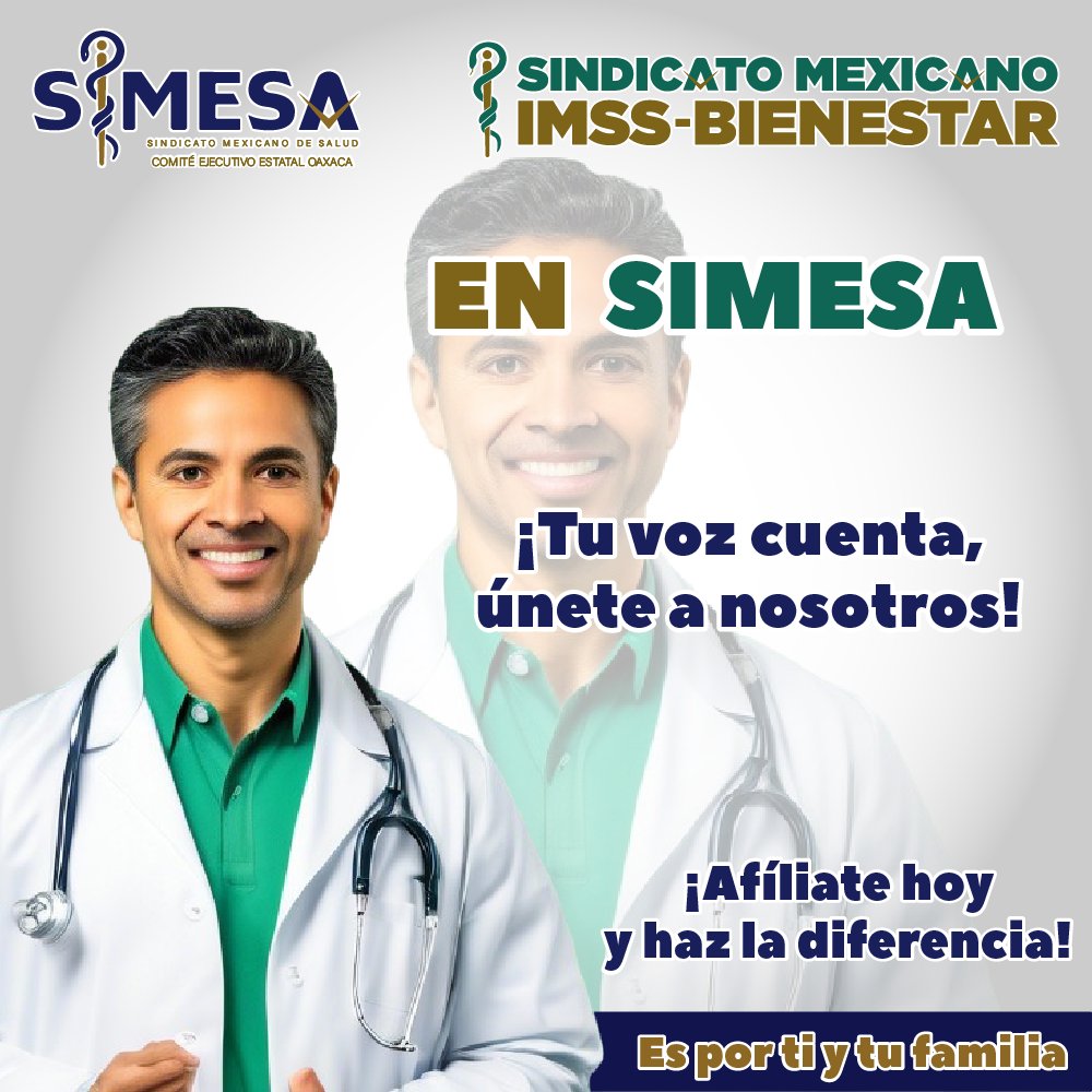 SIMESA_Oaxaca's tweet photo. Defendemos tus derechos laborales y trabajamos por un sistema de salud justo. ¡Únete hoy y haz que tu voz se escuche!

#SindicatoMexicanodeSalud #SIMESA #Oaxaca #SaludFuerzaYUnión https://t.co/SoR9mhYGOp