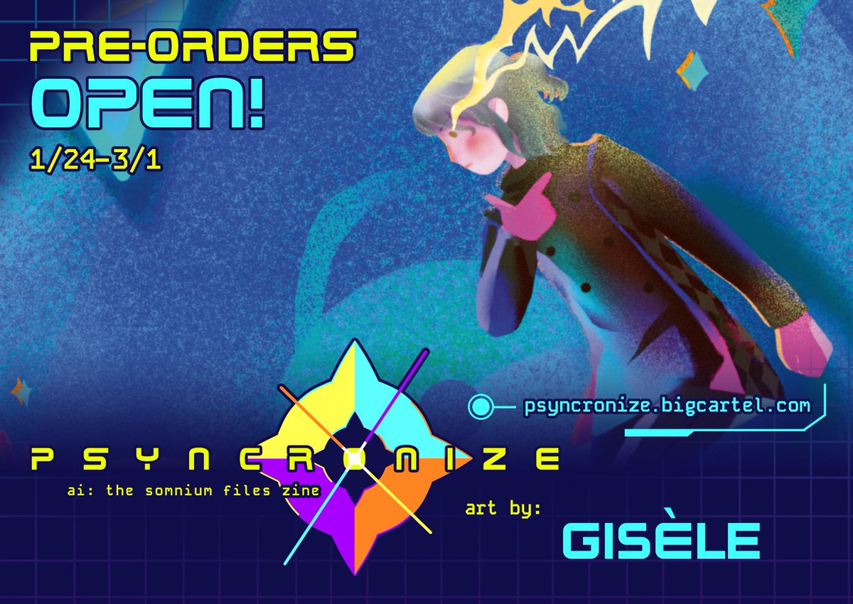 Preorders are open for the <a href="/psyncerzine/">PSYNCRONIZE - Complete!</a> !! ✨👁️✨
Here’s a preview of my piece 🌟
Get the zine here : psyncronize.bigcartel.com
#aithesomniumfiles