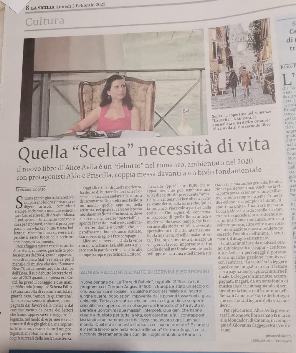 avi_alice's tweet photo. Su @lasicilia di oggi magnifica recensione di #LeonardoLodato sul mio romanzo.
L’articolo annuncia la presentazione al @MondadoriStore di #Catania (p. Roma), il 15 marzo, con la giornalista @GiovannaCaggegi e #RitaVerdirame, già professore di Letteratura italiana all'@uni_ct. https://t.co/ePHd4NC9Yb