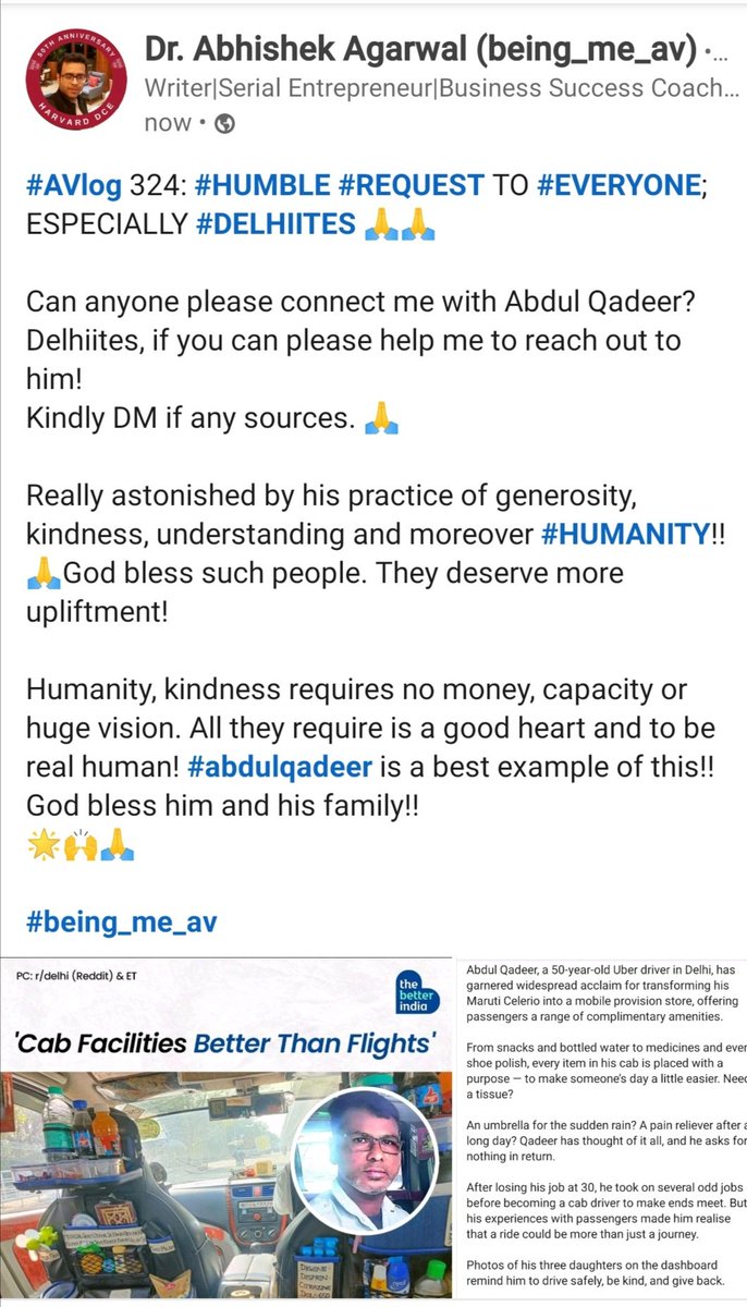 being_me_av's tweet image. #AVlog 324: #HUMBLE #REQUEST TO #EVERYONE; ESPECIALLY #DELHIITES 🙏🙏

Can anyone please connect me with Abdul Qadeer? Delhiites, if you can please help me to reach out to him! 
Kindly DM if any sources.🙏

Really astonished by his practice of generosity &amp;amp; #HUMANITY

#being_me_av