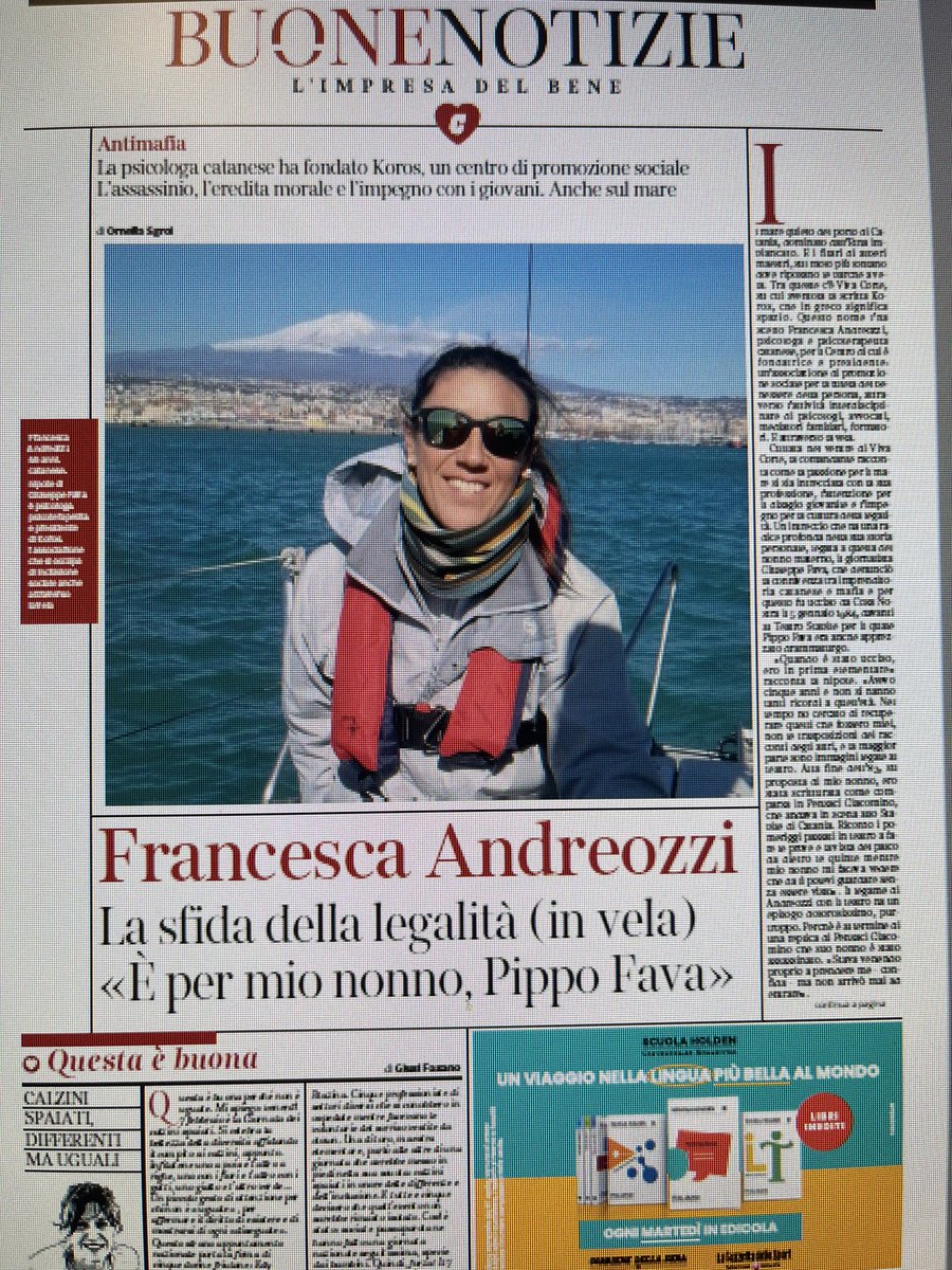 Domani non perdete le pagine di #BuoneNotizie nel @corriere. In copertina, Francesca Andreozzi, psicologa in prima linea nella sfida per la legalità, anche in memoria del nonno Pippo Fava ucciso dalla mafia, con la associazione Koros ⁦<a href="/OrnellaSgroi/">Ornella Sgroi</a>⁩ ⁦<a href="/EliSoglio/">Elisabetta Soglio</a>⁩