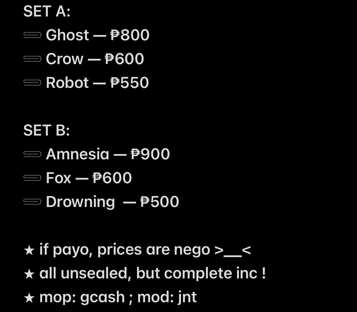luvrvokii's tweet photo. wts lfb popmart hirono ph ! 

— onhand !
— sold as set ! (if tingi, all fig in a set must b taken to push through) 
— can look for kahati, but will only transact w one !

set a: ghost , crow , robot
set b: amnesia , fox , drowning

༘⋆ 🏷 wtt lft lpp clot com too insight echo https://t.co/YhgSomgzBu