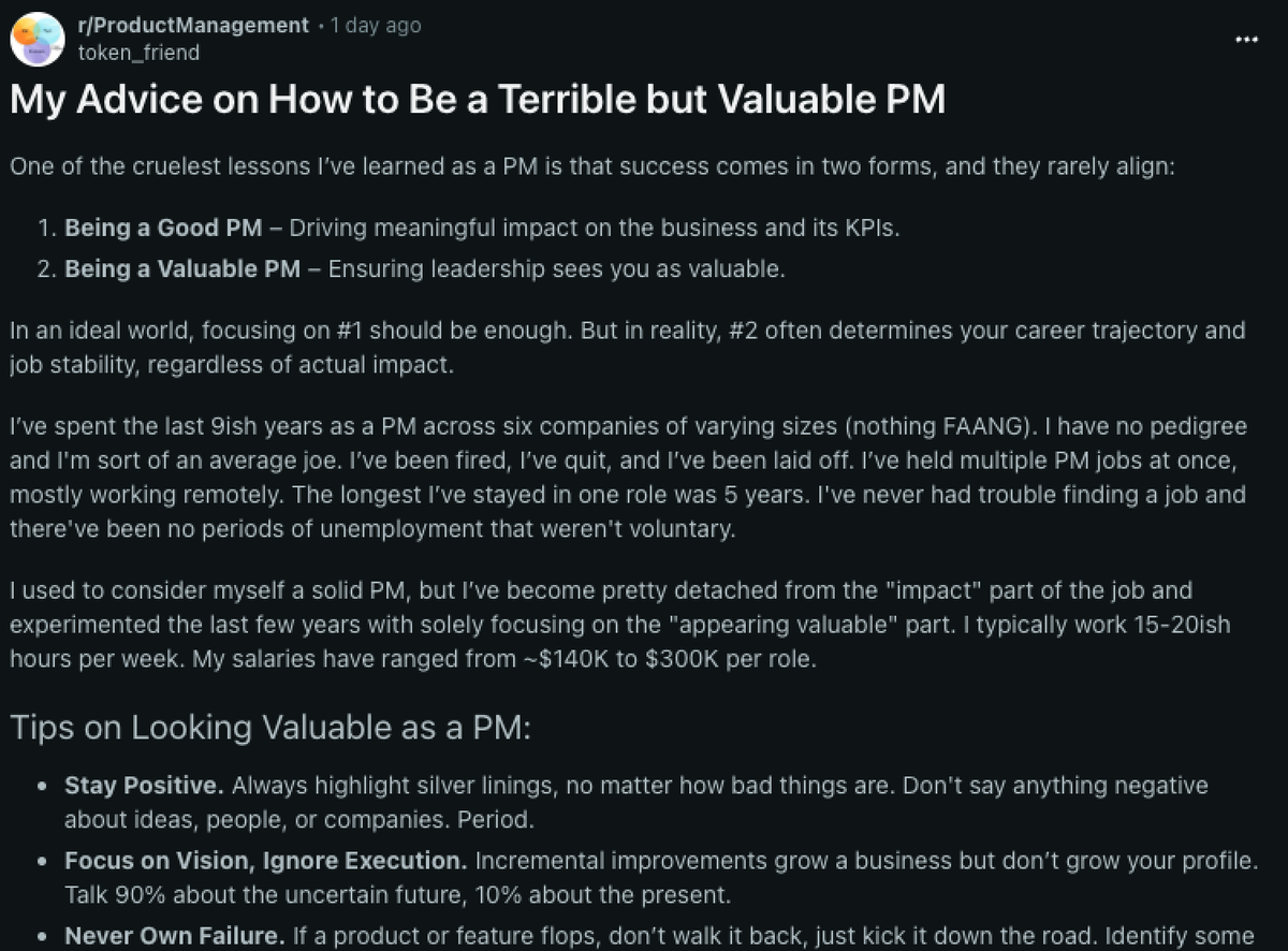 carlvellotti's tweet image. How to Be a Terrible but Valuable PM

One of the top voted r/ProductManagement posts of all time.

It&apos;s incredible.