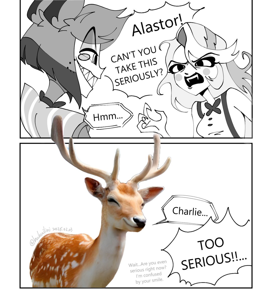 buhuilini's tweet photo. ✍️DONE🦌✨
It’s like episode 7 all over again LOL

#HazbinHotel #HazbinHotelFanart #HazbinHotelCharlie #Alastor https://t.co/aPtJjAawbo