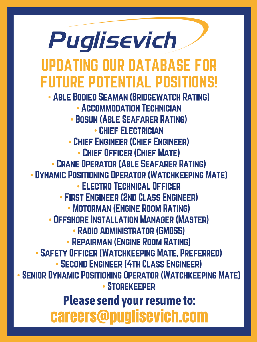 UPDATING OUR DATABASE FOR FUTURE POTENTIAL POSITIONS!
 
Please send your resume to:
careers@puglisevich.com