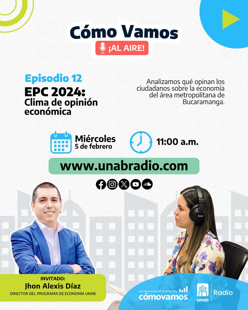 ¿Qué opinan los ciudadanos sobre la economía de nuestra región? 🌍💭 ¿Es realmente fácil encontrar trabajo en el AMB? ¿Qué tan sencillo es emprender con éxito en nuestra ciudad?

🎙️ Descúbrelo este miércoles en <a href="/UnabRadio/">Unab Radio</a>, junto a Jhon Díaz (<a href="/diazcon1/">Jhon Diaz</a>), Director de @economiaunab.