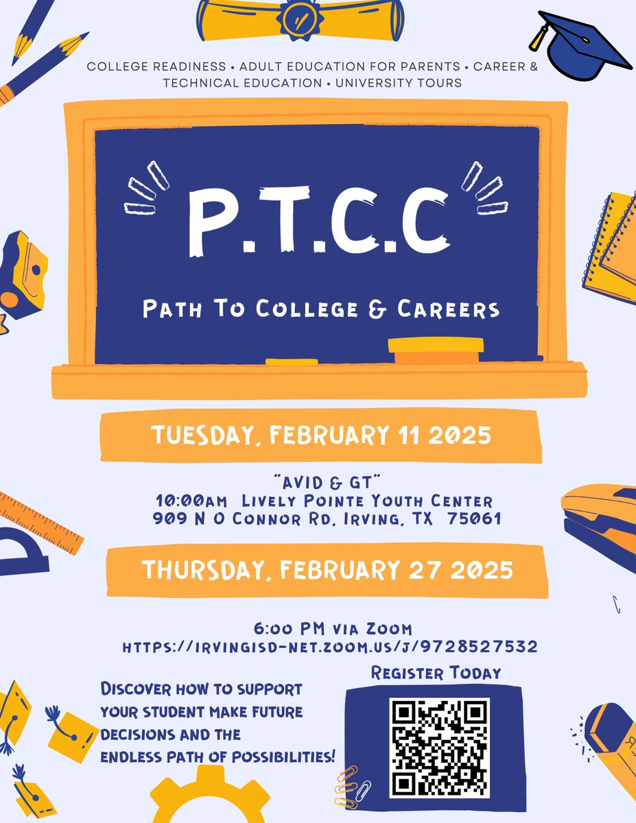 PFE_IISD's tweet image. “Join us for our PTCC series to learn about Gifted &amp;amp; Talented and AVID programs! Feb 11 at 10am, Lively Pointe, or Feb 27 via Zoom.

#PTCC #Parentengagement #Collegetraining #Collegeprep #collegeplan #Careers #careerdevelopment #careergoals