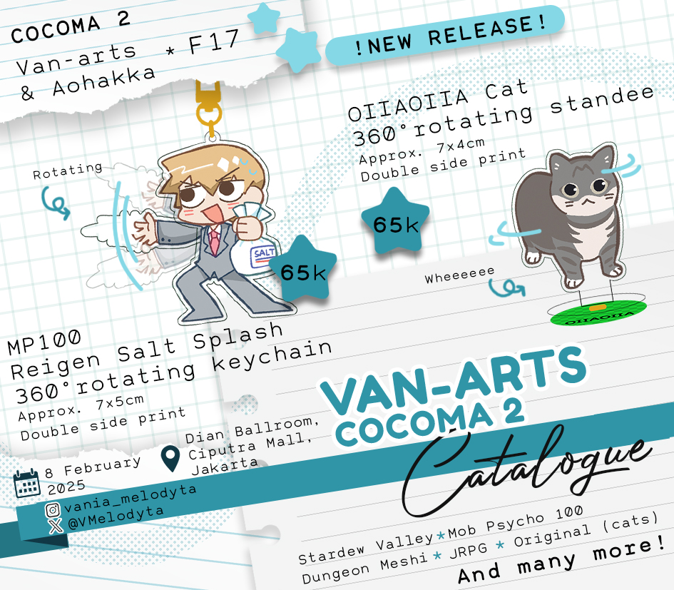 VMelodyta's tweet photo. I will be boothing with @melon_melon_me this Saturday at Cocoma 2 🌟
Fandom:
* Stardew Valley
* Mob Psycho 100
* Dunmeshi
* Dead Plate
* CRK
* Vocaloid
* Marvel
* Cats
And more!
Booking 🔗https://t.co/AE8XWXf0W5
Thank you!! ^0^
#COCOMA2 #COCOMA2CATALOGUE #COCOMADAY2025 
(1/5) https://t.co/svnn1FSD1R