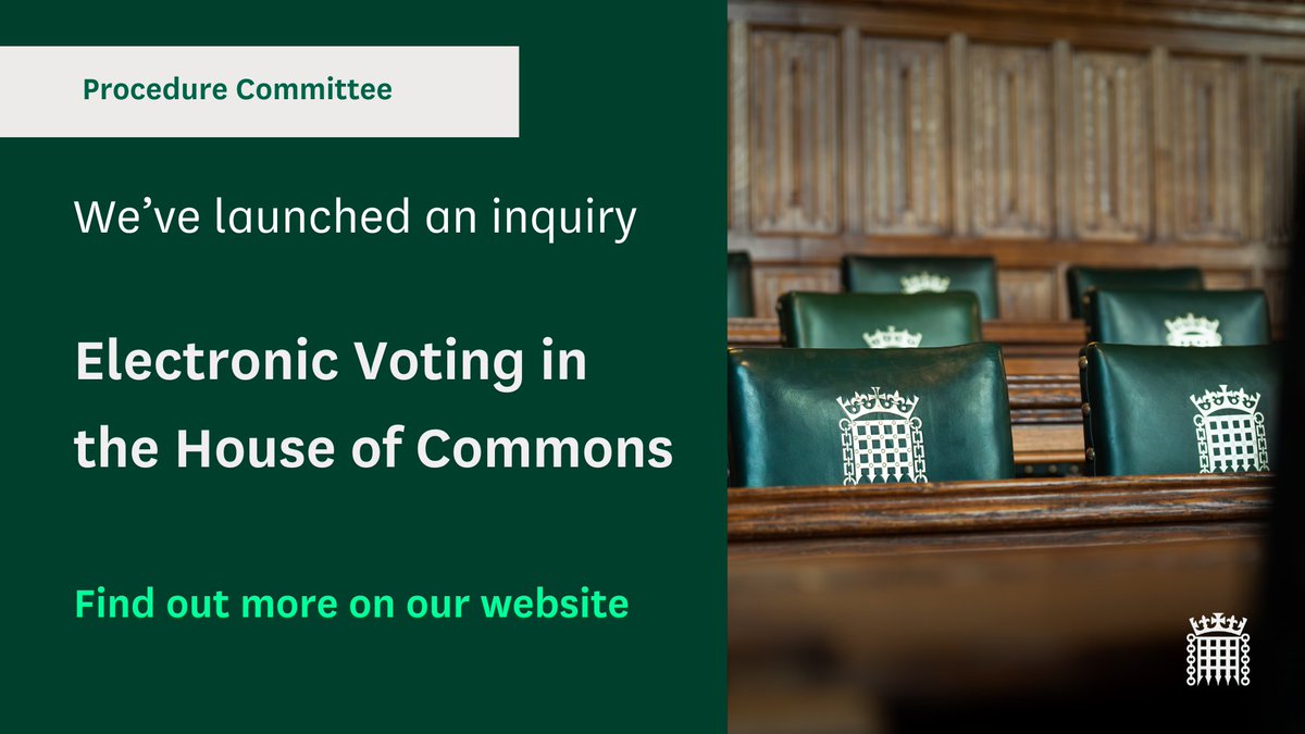 CommonsProcCom's tweet image. Should MPs be able to vote electronically? 🗳️📲
Our new inquiry will look into electronic voting in the House of Commons ➡️ committees.parliament.uk/committee/126/…