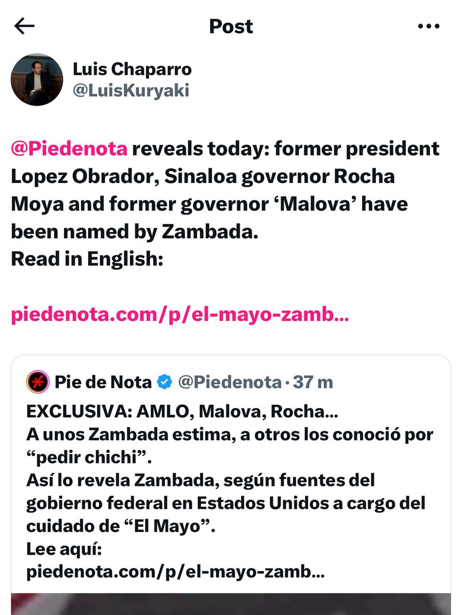 El periodista Luis Chaparro publica hoy en <a href="/Piedenota/">Pie de Nota</a> que El Mayo Zambada ha entregado a las autoridades gringas una larga lista de políticos mexicanos involucrados en el narcotráfico. 

Ya señaló a Andrés Manuel López Obrador, a Rubén Rocha Moya y a Mario López Valdez (Malova)