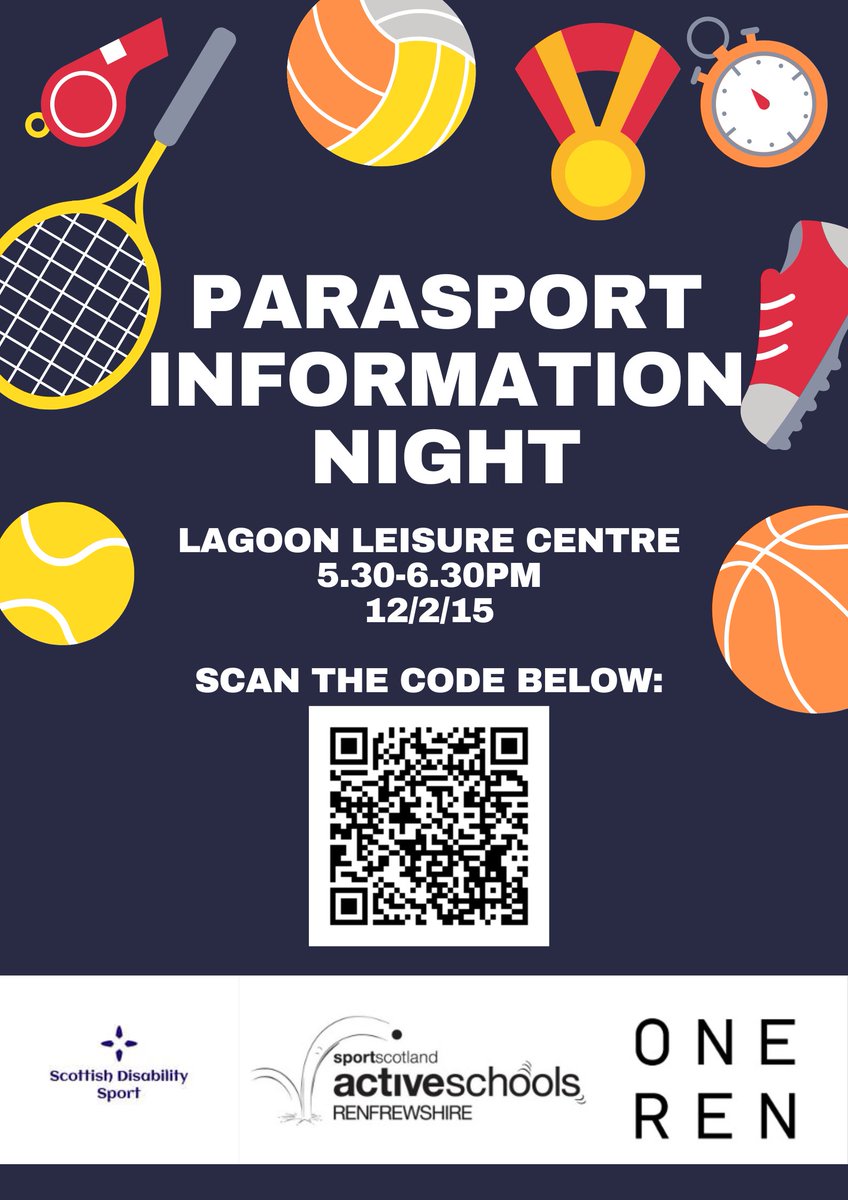 Parasport Information Evening📣

We are hosting an information evening for mainstream school pupils in Renfrewshire who have a disability. Details can be found on the QR code below. 

We look forward to seeing as many families there as we can to create more opportunities in sport