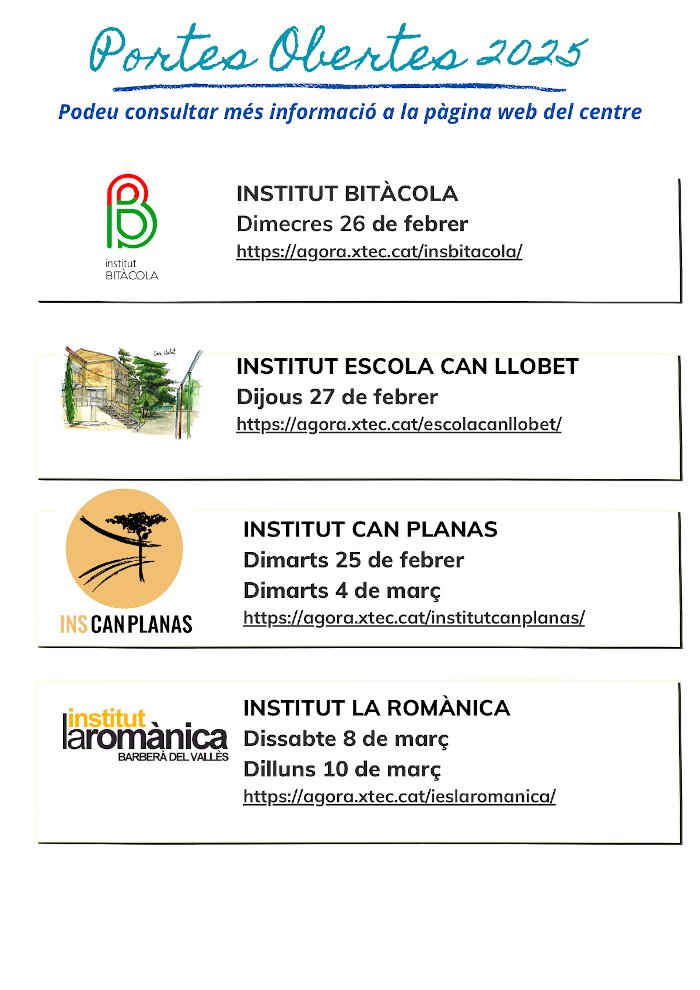 📅Ep! Ja podeu consultar el calendari de les portes obertes a les escoles i instituts de Barberà del Vallès
Serà del 20 de febrer al 10 de març en els diferents centres educatius
🔗Podeu consultar els torns i horaris als webs de cada centre. Info a: tuit.cat/vzTqv
