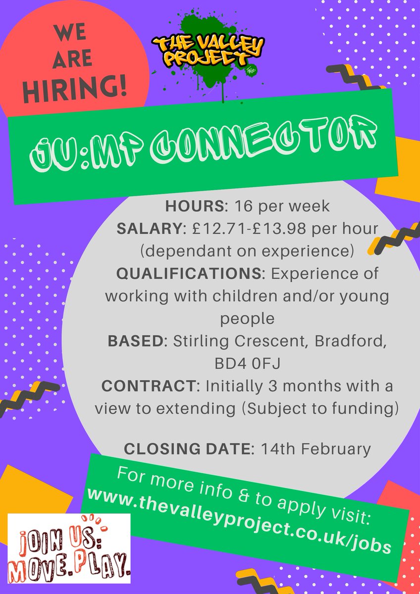Passionate about working with children and young people?  

Here's an exciting opportunity to be a JU:MP Connector with <a href="/TheValleyProje1/">TheValleyProject</a> in Holme Wood #Bradford.  

Click here for more details thevalleyproject.co.uk/jobs