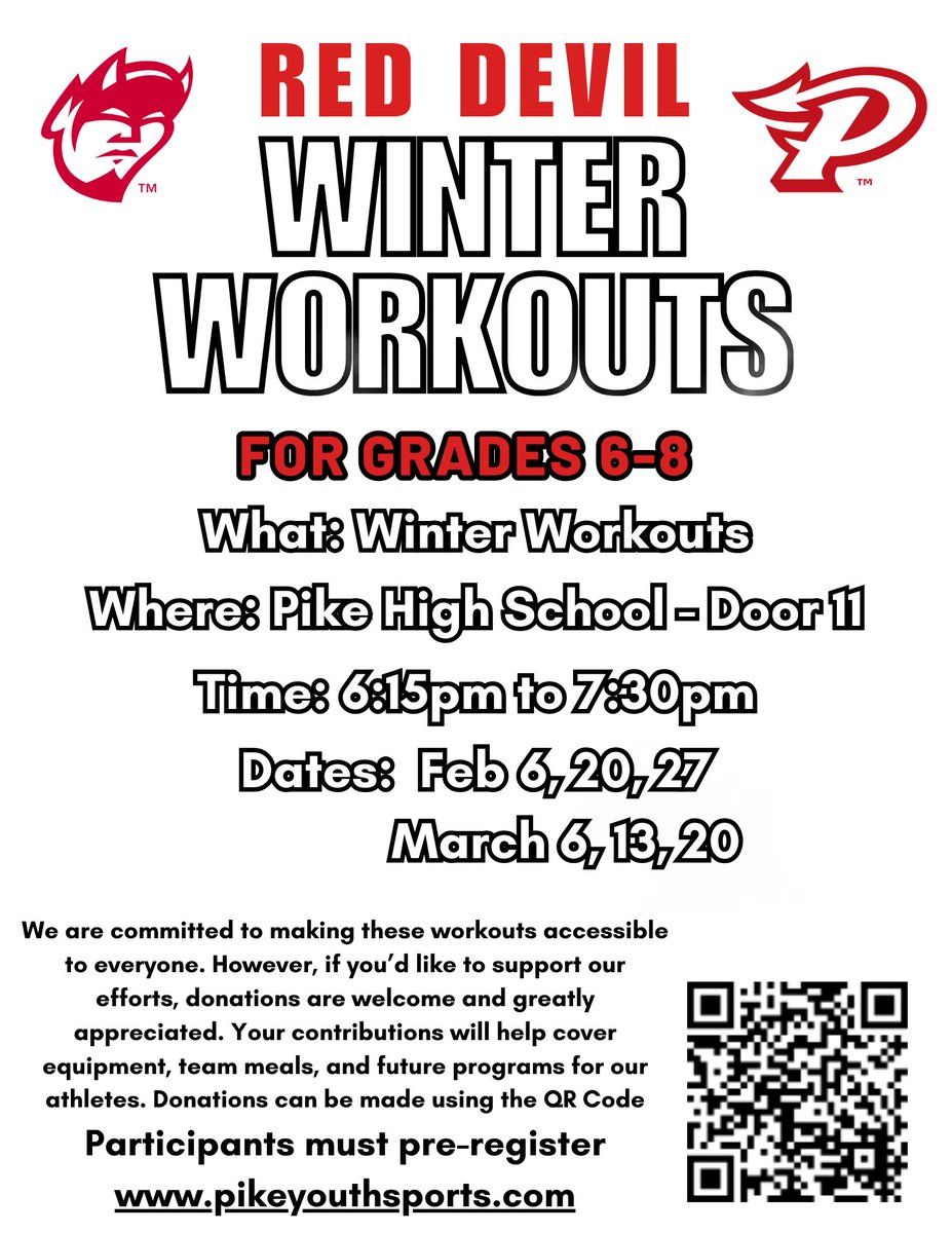 Winter Football Academy

February 6, 20, 27
March 6, 13, 20
Grades: K - 8 
Times: 6:15 pm – 7:30 pm
Location: Pike H.S./Enter Door 11-A
What to wear: Comfortable gym shorts or sweatpants and gym shoes.

Participants must pre-register at pikeyouthathletics.com/winter-football