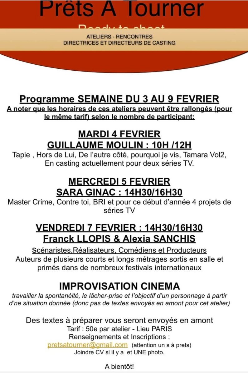 Il reste 3 places pour l'atelier Improvisations Cinéma du vendredi 7 février de 14h30 à 16h30.
Renseignements et inscriptions : pretsatourner@gmail.com