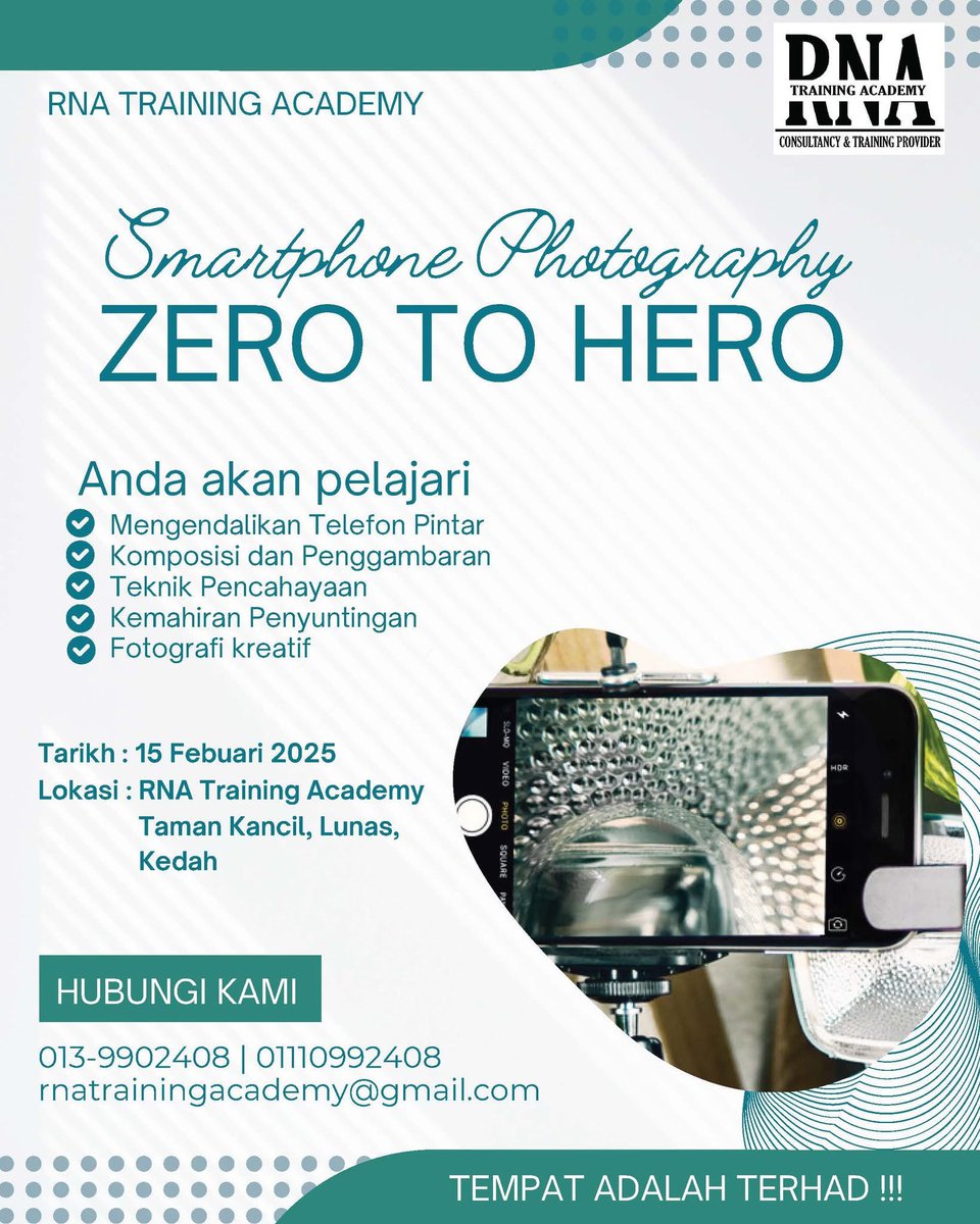 QabusJiwa's tweet photo. Kursus Smartphone Photography
🗓 Tarikh : 15 Febuari 2025 (Sabtu)
📝Waktu : 8.30 pg - 5.30 ptg

Klik Link pendaftaran dibawah untuk Book Tempat Anda!!
https://t.co/yq14KT06am
Maklumat lanjut klik link dibawah:
https://t.co/m1nBqqsAEY https://t.co/gwd4KwaKQJ