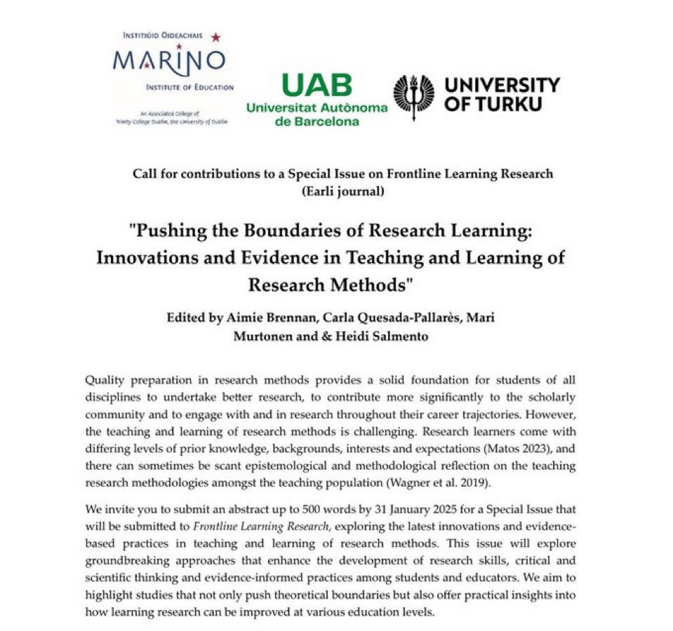 Deadline extended ‼️
We have received an incredible response to our Special Issue #CfP for Frontline Learning Research <a href="/earli_office/">EARLI</a> 

We are allowing a short extension ⤵️
⏰ New Deadline: 14 Feb 2025 
✍️ 500w abstract
🔗 Submission Guidelines: drive.google.com/file/d/1K0hIlV… #Edchatie