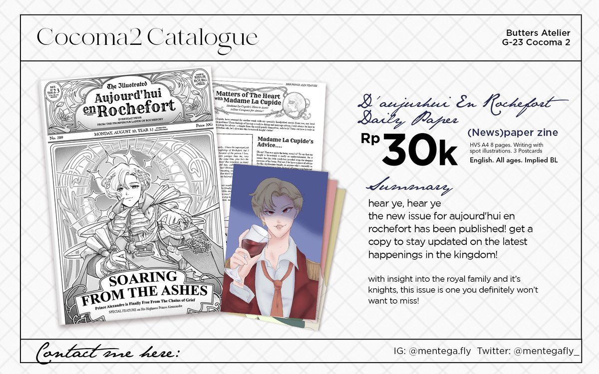 butterbanger's tweet photo. Hello everyone! This is my OTS catalogue for #COCOMA2! Lots of new and exciting stuff! Including a small (news)paper zine collaboration with @pottedgreens

💌Original, Valorant, Genshin Impact

[1/2]

#COCOMA2CATALOGUE #COCOMA2025 #COCOMADAY2025 #COCOMADAY2025CATALOGUE https://t.co/9JPang6EaV