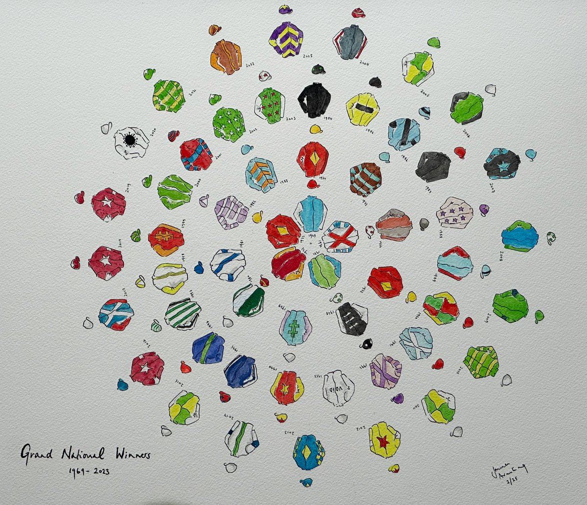 JRFArmstrong's tweet photo. Latest project complete!
#GrandNational winning colours 1969 to 2023
#Penandink #watercolour
Measuring 46cm x 61cm
Original for sale DM
Considering print run…what do you think?! Please share! Tigerroll #Redrum #ManyClouds #Aldaniti #DontPushIt…@AP_McCoy @mickfitzg @kimbaileyracing @Ruby_Walsh @bpowell13
@ThorneFarm @JonjoONeillRC @OliverSherwood @lucindavrussell @petescu @rachaelblackmor @_Davy_Russel_