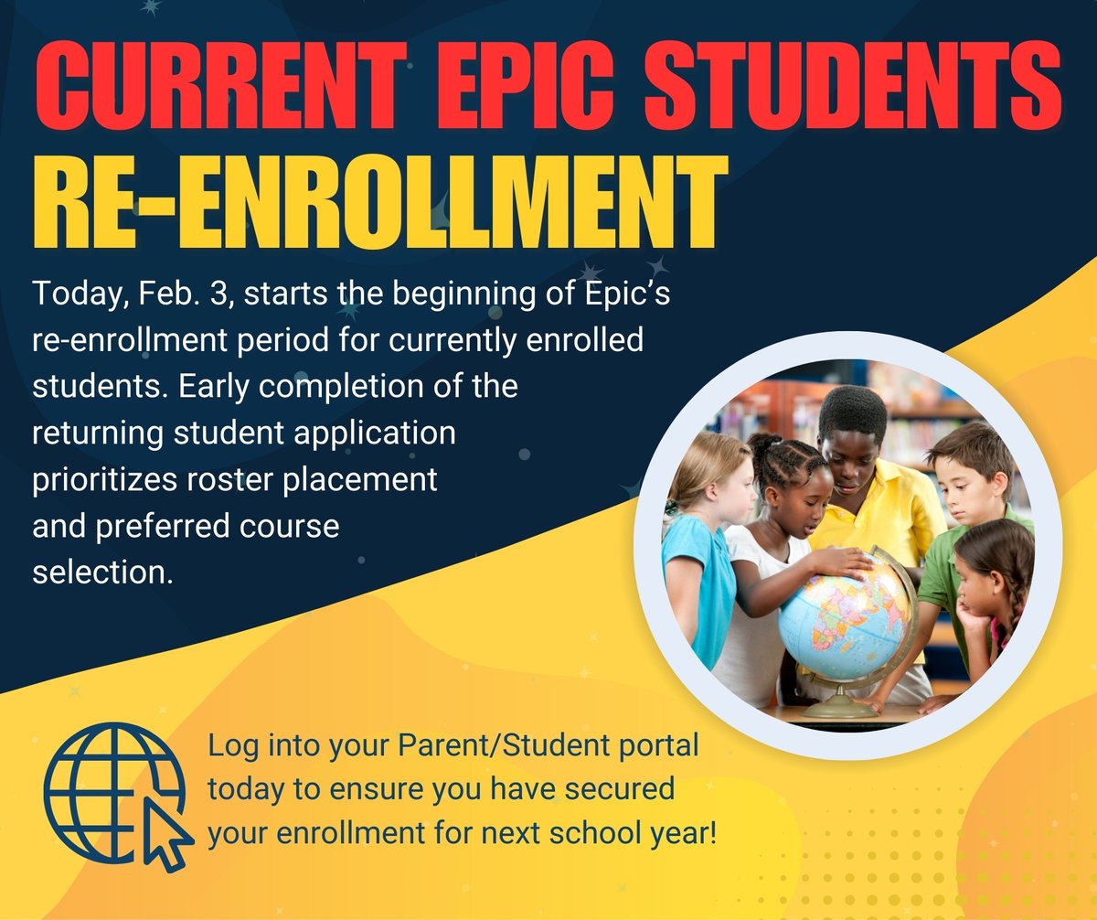 Save your seat! Today, Feb. 3, starts the beginning of Epic’s re-enrollment period for currently enrolled students.
⁠
Click here for re-enrollment instructions: drive.google.com/file/d/1oAs7Wg…
