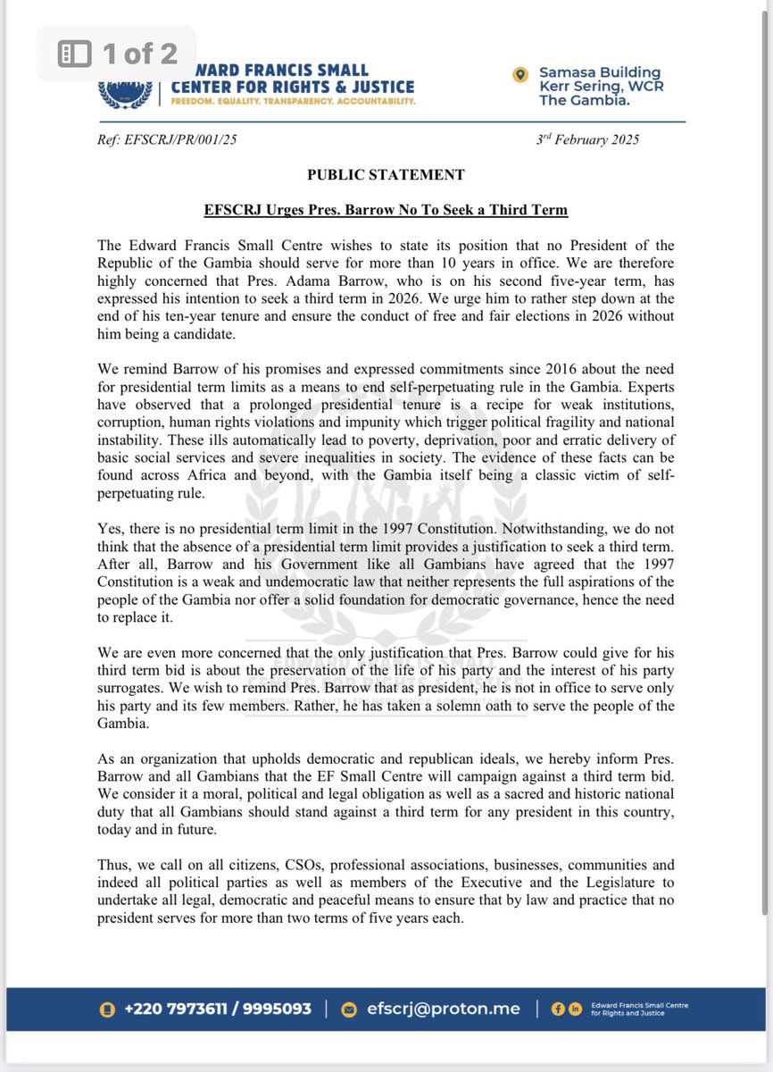 EFSCRJ's tweet photo. EFSCRJ Urges President Barrow Not To Seek a Third Term! https://t.co/3JA9U0R5hr