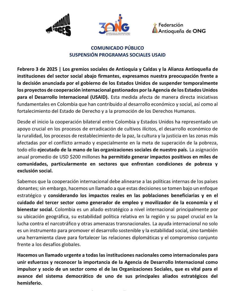 #Comunicado | Los gremios sociales de Antioquia y Caldas, junto a la Alianza Antioqueña de instituciones del sector social, expresamos nuestra preocupación por la decisión del gobierno de EE. UU. de suspender temporalmente los proyectos de cooperación internacional.