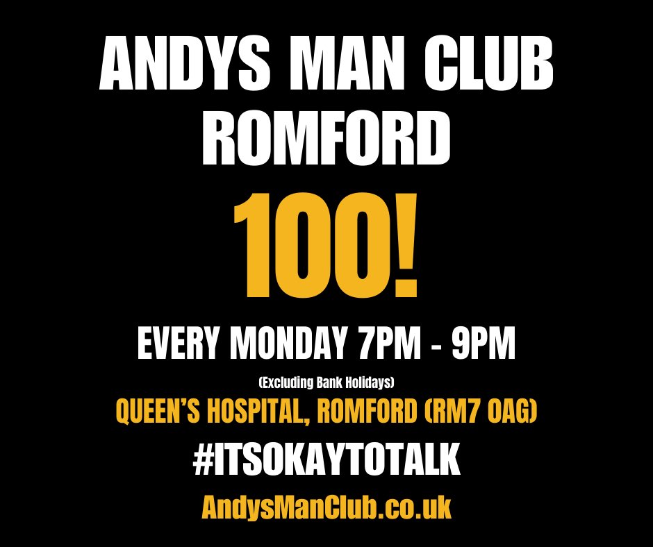 This morning we surpassed 100 followers on the ‘Andy’s Man Club Romford’ FaceBook page. Thank you to those who have already showed their support. We are back tonight at 7pm - 9pm. Have a great afternoon 🙂👌