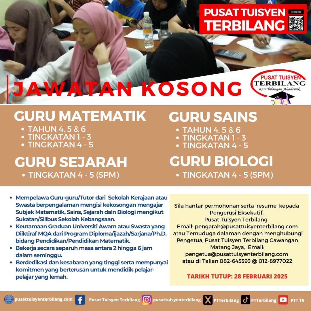 PTTerbilang's tweet photo. Kami mempelawa Guru-guru/Tutor
Berdedikasi dan kesabaran yang tinggi serta mempunyai komitmen yang berterusan. 

Sila hantar permohonan serta ‘resume’ ke Email: pengetua@pusattuisyenterbilang.com
atau hubungi Pengetua, Pusat Tuisyen Terbilang, Tel: 082-645393 @ 012-8977022 https://t.co/XNqKYXDiAB