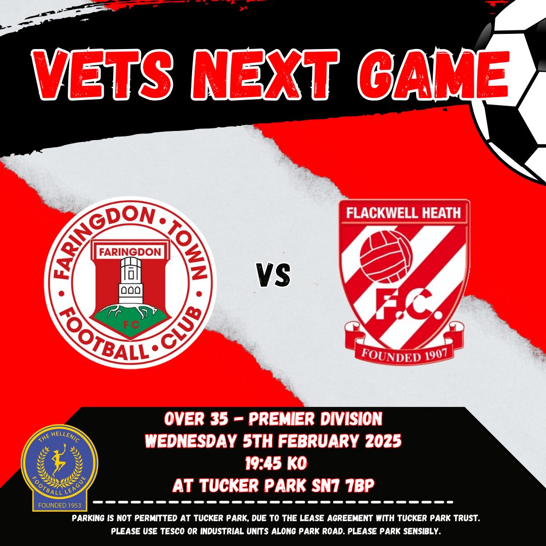 faringdontownfc's tweet photo. VETS RETURN TO ACTION

Wednesday night sees the Vets entertain @FHFC1907 Vets.

Kick off at Tucker Park is 19:45.
Clubhouse open from 19:00.

@HellenicLeague https://t.co/lTswaejvjy
